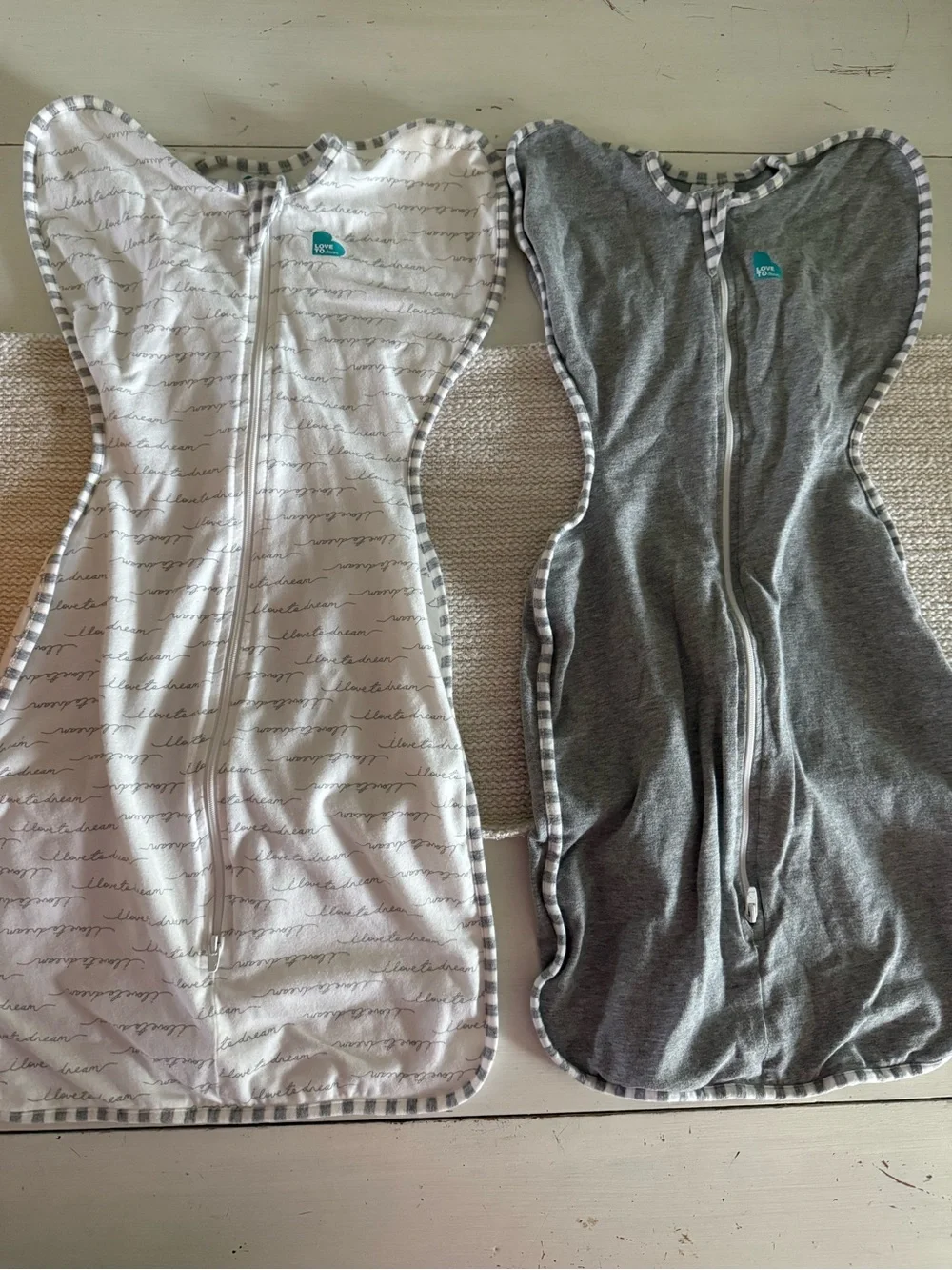 Love to Dream Swaddle Sacks in White Script & Heather Gray - Picture 1 of 3